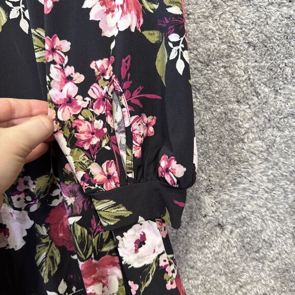 Karen Kane Black Floral Dress Long Sleeve Medium Scoop Neck Pink Purple Flowers - Picture 7 of 10